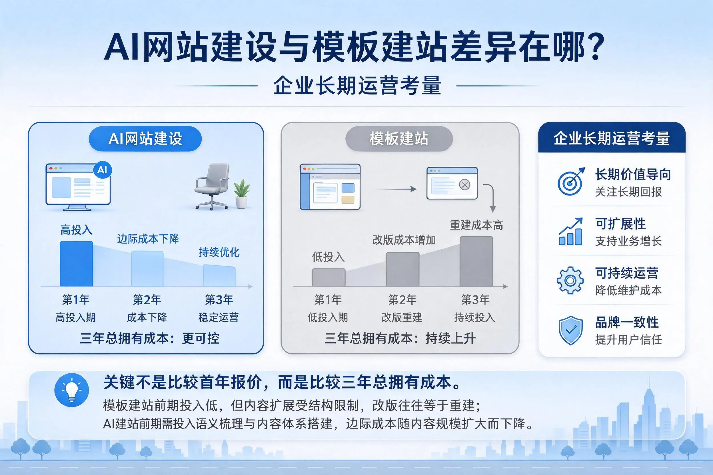 AI网站建设与模板建站差异在哪？吉林市企业长期运营考量